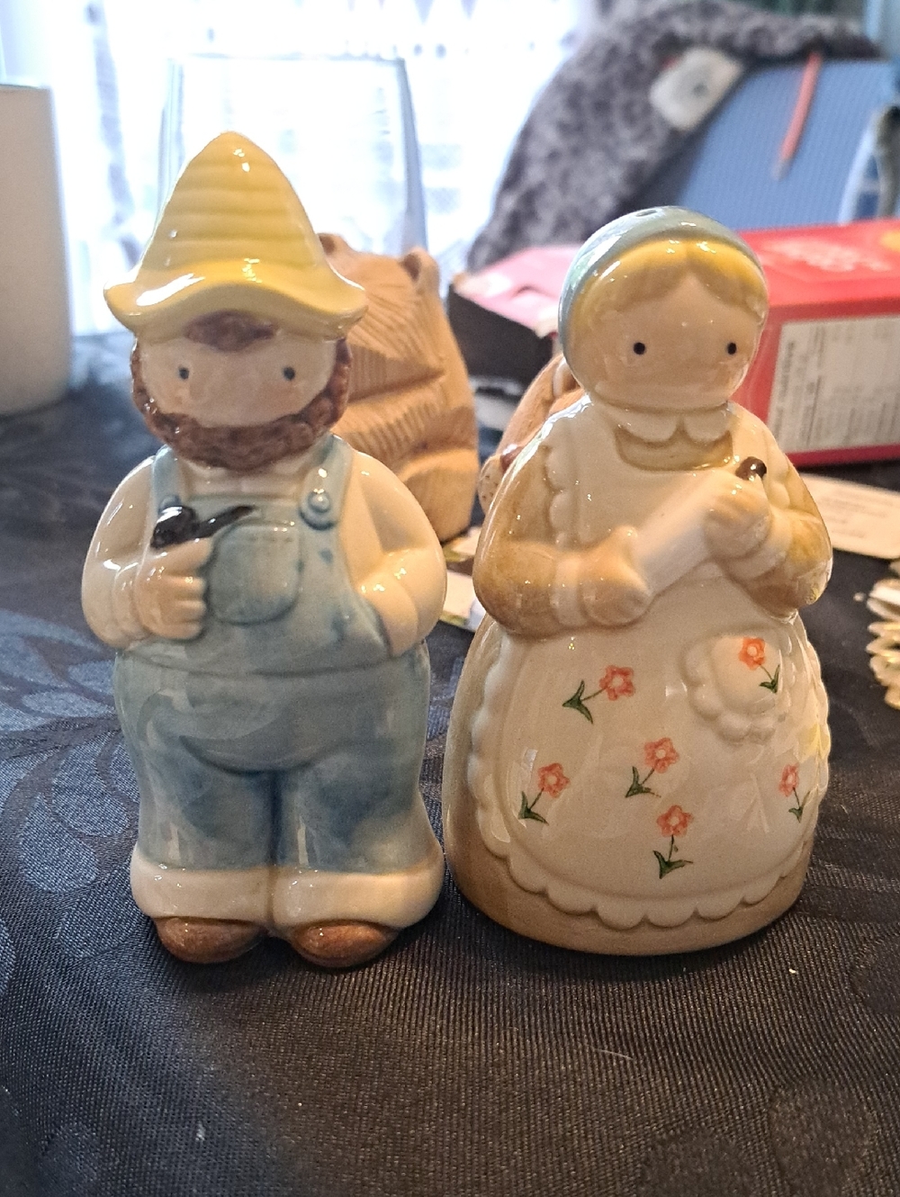 Ceramic Farmer & Homemaker Salt & Pepper Shakers - Yellow, Blue, Cream